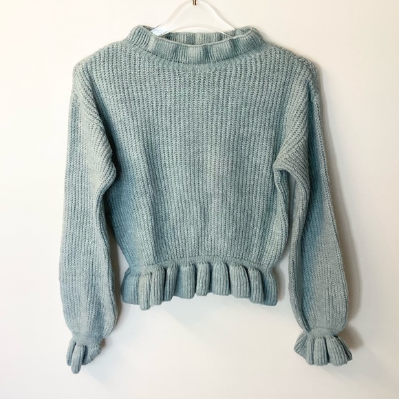 NWT Topshop Ruffle Neck, Cuffs, and Hem Frill Sweater - Blue - XS - Picture 2 of 7